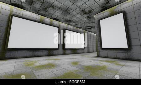 Große horizontale und vertikale leere Plakate in der U-Bahn, 3D-Rendering Stockfoto