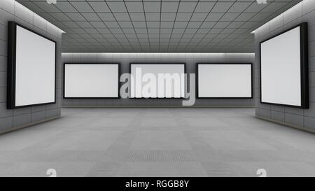 Große horizontale und vertikale leere Plakate in der U-Bahn, 3D-Rendering Stockfoto