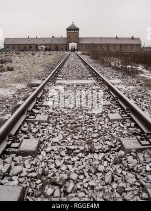 Die Bahn in Auschwitz II Birkenau Konzentrations- und Vernichtungslager, Oswiecim, Polen führenden Stockfoto