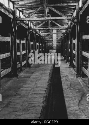 Innenraum der Holzbaracken, Wohnraum, Auschwitz II Birkenau Konzentrations- und Vernichtungslager, Oswiecim, Polen Stockfoto