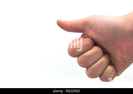 Nahaufnahme einer Faust mit dem Daumen oben auf weißem Hintergrund und kopieren Raum Stockfoto