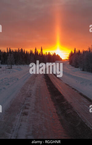 Winterlandschaft in direktem Licht durch Bäume in einem Wald und Sonne Säule schießen in den Himmel glänzen, der Straße in der Sonne, Schnee ist in der Ai Stockfoto