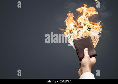 Brennende Euro Rechnungen in einem in der Hand gehaltenen Wallet Stockfoto