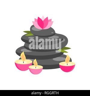 Zen balancing Steine mit Pink Lotus Blume, grüne Blätter und Kerzen Vector Illustration auf weißem Hintergrund Stock Vektor