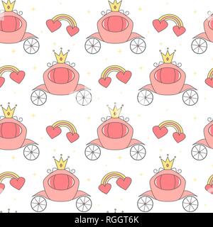 Niedlich schönen Cartoon nahtlose Vektor Muster Hintergrund Abbildung mit rosa Kutschen, Regenbogen, Herzen und Sterne Stock Vektor