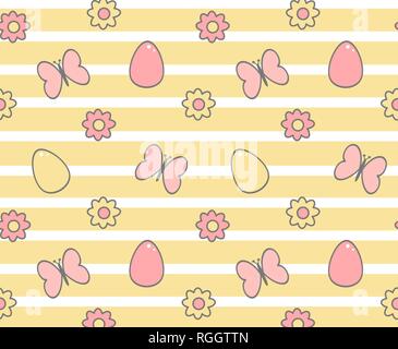 Süße bunte nahtlose Vektor Muster Hintergrund Abbildung mit Ostereiern, Schmetterlinge und Daisy Flowers Stock Vektor