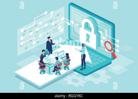 Cyber Security Konzept. Isometrische Vektor eines Teams, das Entwerfen von neuen Software auf die persönlichen Daten zu schützen. Stock Vektor