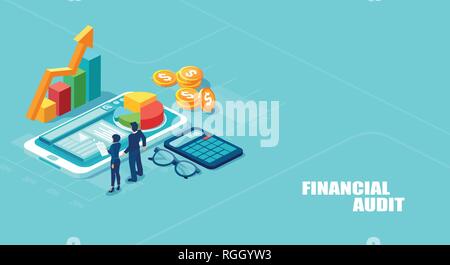Finanzaudit Konzept. Isometrische Vector Illustration der Geschäftsleute, die Analyse von Corporate fianncial Bericht und Gewinne auf blauem Hintergrund isoliert Stock Vektor
