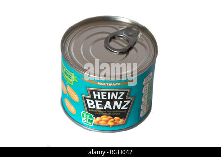 Kleine Dose mit Heinz Baked Beanz auf einer sauberen weißen Hintergrund, Zinn ist von einem multipack von beanz Stockfoto