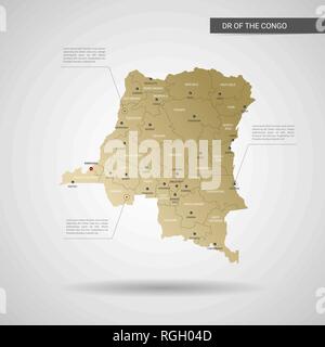 Stylized vector DR Kongo die Karte. Infografik 3d Gold Karte Abbildung mit Städten, Ländergrenzen, Kapital, administrative divisions und Zeiger markiert, Stock Vektor