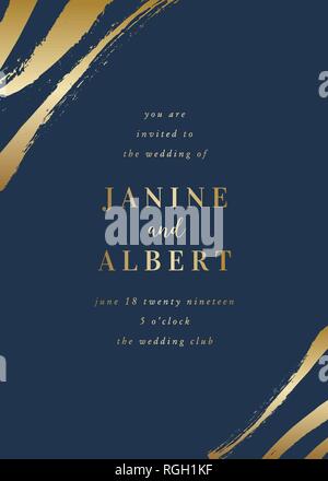 Hochzeit Einladung Design Template mit goldenen Pinselstriche auf dunkelblauem Hintergrund und Sample text Layout. Vektor Grußkarte, Einladung Hochzeit, Stock Vektor