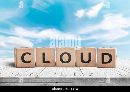 Cloud Computing Zeichen auf einem Tisch mit weißen Wolken im Hintergrund Stockfoto