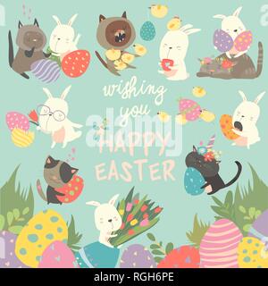 Ostern mit Bunny, Eier, Kaninchen, Blumen, Katzen, Küken auf blauen Hintergrund. Vector Illustration Stock Vektor