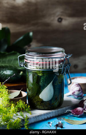 Vorbereitung fermentiert und vegetarische Gerichte, hausgemachte Konserven Gewürzgurken in Glas Glas Stockfoto