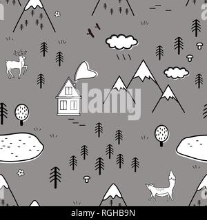 Cute skandinavischen Landschaft mit Tieren, Bäumen, See und Berge, nahtlose Muster. Im skandinavischen Stil mit traditionellen Motiven. Vektor. Stock Vektor