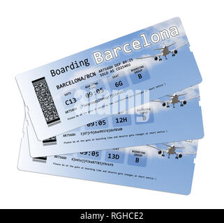 Airline Bordkarte Tickets für "Barcelona" isoliert auf Weiss. Der Inhalt völlig erfunden. Die Schriften sind nicht Gegenstand der copyri Stockfoto