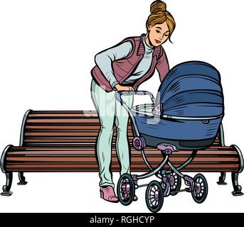 Junge Mutter mit dem Kinderwagen, Parkbank. Pop Art retro Vektor Illustration kitsch Vintage Stock Vektor