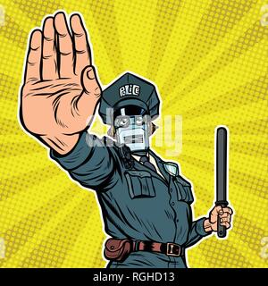 Die hand Geste. Roboter Polizist. Pop Art retro Vektor illustration Kitsch vintage Zeichnung Stock Vektor