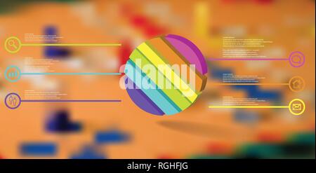 3D-Illustration Infografik Vorlage. Die geprägte Ring ist schief in sechs Teile geteilt. Objekt ist auf verschwommenes Foto Hintergrund angeordnet. Farbe lin Stock Vektor