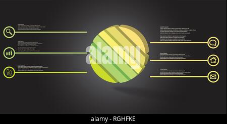3D-Illustration Infografik Vorlage. Die geprägte Ring ist schief in sechs Teile geteilt. Objekt ist auf grauen dunklen Hintergrund angeordnet. Color lines w Stock Vektor