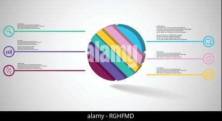 3D-Illustration Infografik Vorlage. Die geprägte Ring ist schief in sechs Teile geteilt. Objekt ist auf grau weiß Hintergrund angeordnet. Farbe Linien Stock Vektor