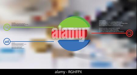 3D-Illustration Infografik Vorlage. Die geprägte Ring ist zu drei Farbe verschoben Teile gegliedert. Objekt ist auf verschwommenes Foto Hintergrund angeordnet. Farbe Stock Vektor