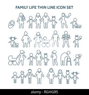 Familie dünne Linie. Vektor Menschen Symbole. Schwangerschaft und Kind, Ruhestand und Mutterschaft, Ehe und zu Hause. Opa, Enkel Stock Vektor