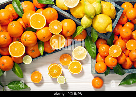Frische Zitrusfrüchte auf Holz- Hintergrund. Orange Früchte, Zitronen, Mandarinen, Limonen. Gesunde Lebensmittel, Vitamin C Stockfoto
