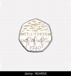 Die Schlacht um England 50 p Stück britische Münze zum Gedenken an den 75. Jahrestag der Schlacht von Großbritannien Stockfoto