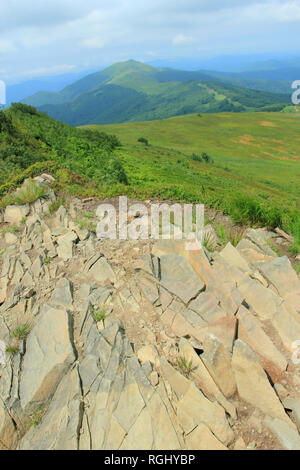 Polonina Welinska. Wanderweg in der Nähe von Mountain Shelter Puchatek Hütte (Chatka Puchatka), Bieszczady-gebirge, Polen Stockfoto