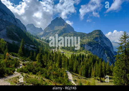 Österreich, Tirol, Blick auf die Ehrwalder Sonnenspitze, Seebenalm in der Nähe von Ehrwald, Mieminger Kette Stockfoto