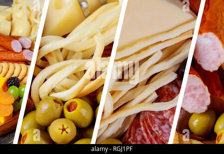 Verschiedene Arten von Käse, Oliven und Wurst Fleisch- und Käseplatte Collage aus verschiedenen Bilder Stockfoto