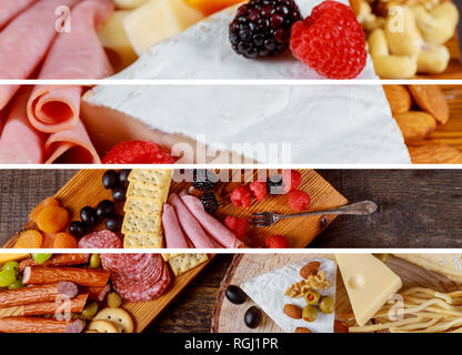 Verschiedene Käse mit Oliven auf Schinken und Salami wurst Tabelle Collage aus verschiedenen Bilder Stockfoto