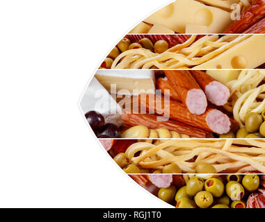 Vorspeisen Tabelle mit Käse, Oliven und Fleisch- und Wurstwaren Vielzahl board Collage aus verschiedenen Bilder Stockfoto