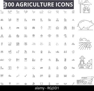 Landwirtschaft bearbeitbare Zeile Icons, 100 vector auf weißem Hintergrund. Landwirtschaft, schwarzer Outline Abbildungen, Zeichen, Symbole Stock Vektor