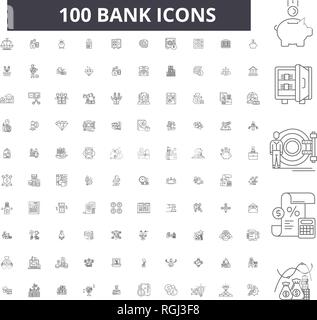 Bank bearbeitbare Zeile Icons, 100 Vector eingestellt, Sammlung. Bank schwarzer Umriss Abbildungen, Zeichen, Symbole Stock Vektor