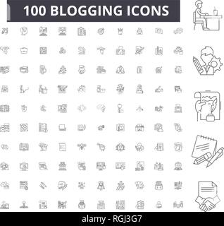 Blogging bearbeitbare Zeile Icons, 100 Vector eingestellt, Sammlung. Blogging schwarzer Umriss Abbildungen, Zeichen, Symbole Stock Vektor