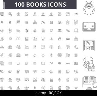 Bücher bearbeitbare Zeile Icons, 100 Vector eingestellt, Sammlung. Bücher schwarzer Umriss Abbildungen, Zeichen, Symbole Stock Vektor