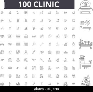 Klinik bearbeitbare Zeile Icons, 100 Vector eingestellt, Sammlung. Klinik schwarzer Umriss Abbildungen, Zeichen, Symbole Stock Vektor