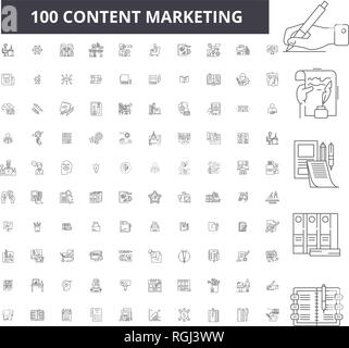 Content Marketing bearbeitbare Zeile Icons, 100 Vector eingestellt, Sammlung. Content Marketing schwarzer Umriss Abbildungen, Zeichen, Symbole Stock Vektor