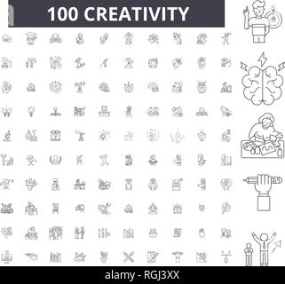 Kreativität bearbeitbare Zeile Icons, 100 Vector eingestellt, Sammlung. Kreativität, schwarzer Outline Abbildungen, Zeichen, Symbole Stock Vektor