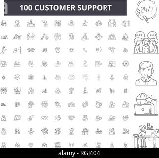 Customer Support bearbeitbare Zeile Icons, 100 Vector eingestellt, Sammlung. Customer Support schwarzer Umriss Abbildungen, Zeichen, Symbole Stock Vektor