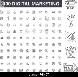 Digitales Marketing bearbeitbare Zeile Icons, 100 Vector eingestellt, Sammlung. Digitales Marketing schwarzer Umriss Abbildungen, Zeichen, Symbole Stock Vektor