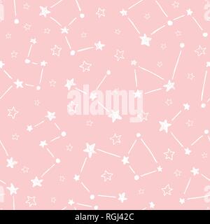 Hand doodle Konstellationen auf rosa Hintergrund Vektor nahtlose Muster gezeichnet. Cute stars Drucken perfekt für Kinder, Babys Stock Vektor