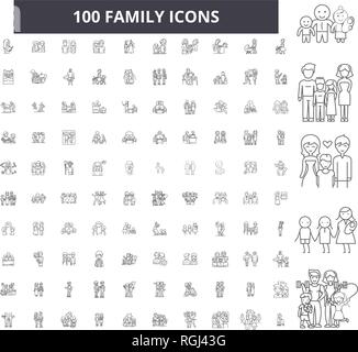 Familie bearbeitbare Zeile Icons, 100 Vector eingestellt, Sammlung. Familie schwarzer Umriss Abbildungen, Zeichen, Symbole Stock Vektor