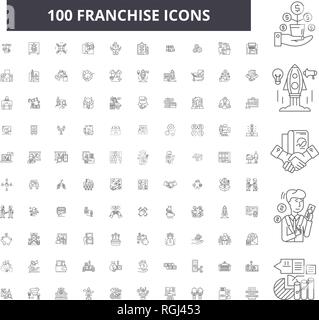 Franchise bearbeitbare Zeile Icons, 100 Vector eingestellt, Sammlung. Franchise schwarzer Umriss Abbildungen, Zeichen, Symbole Stock Vektor