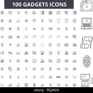 Gadgets bearbeitbare Zeile Icons, 100 Vector eingestellt, Sammlung. Gadgets schwarzer Umriss Abbildungen, Zeichen, Symbole Stock Vektor