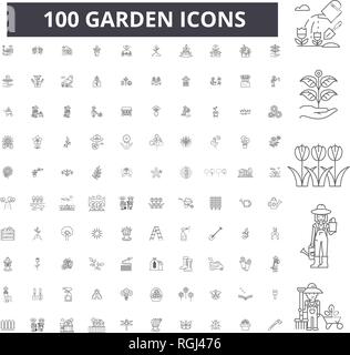 Garten bearbeitbare Zeile Icons, 100 Vector eingestellt, Sammlung. Garten, schwarzer Outline Abbildungen, Zeichen, Symbole Stock Vektor