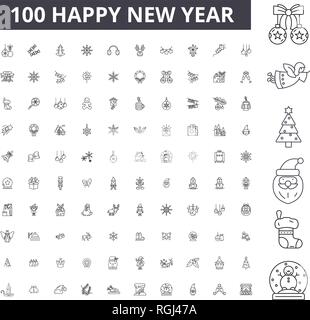 Frohes neues Jahr bearbeitbare Zeile Icons, 100 Vector eingestellt, Sammlung. Frohes neues Jahr schwarzer Umriss Abbildungen, Zeichen, Symbole Stock Vektor