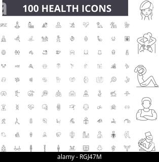 Gesundheit bearbeitbare Zeile Icons, 100 Vector eingestellt, Sammlung. Gesundheit schwarzer Umriss Abbildungen, Zeichen, Symbole Stock Vektor